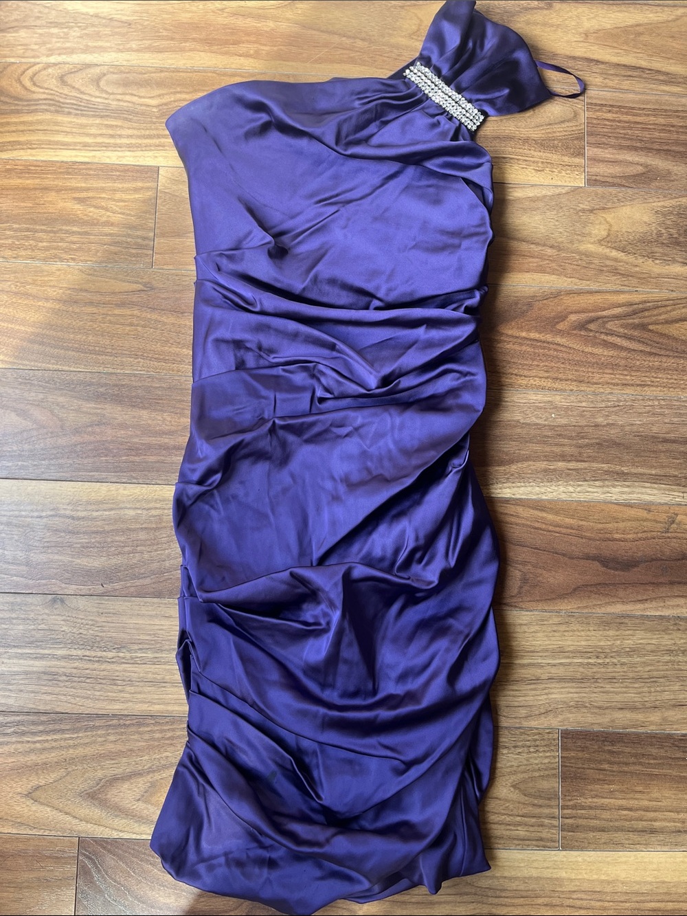 le chateau One-Shoulder Purple Satin Dress Rhinestone Accent Formal Graduation